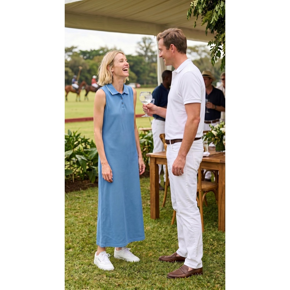 Vintage‎ Lizsport  Blue Sleeveless Polo Midi Dress Cotton Pique M USA Preppy